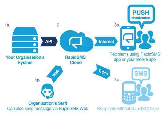 Diagram showing systems, RapidSMS Cloud and recipients connected through web, internet and telco routes
